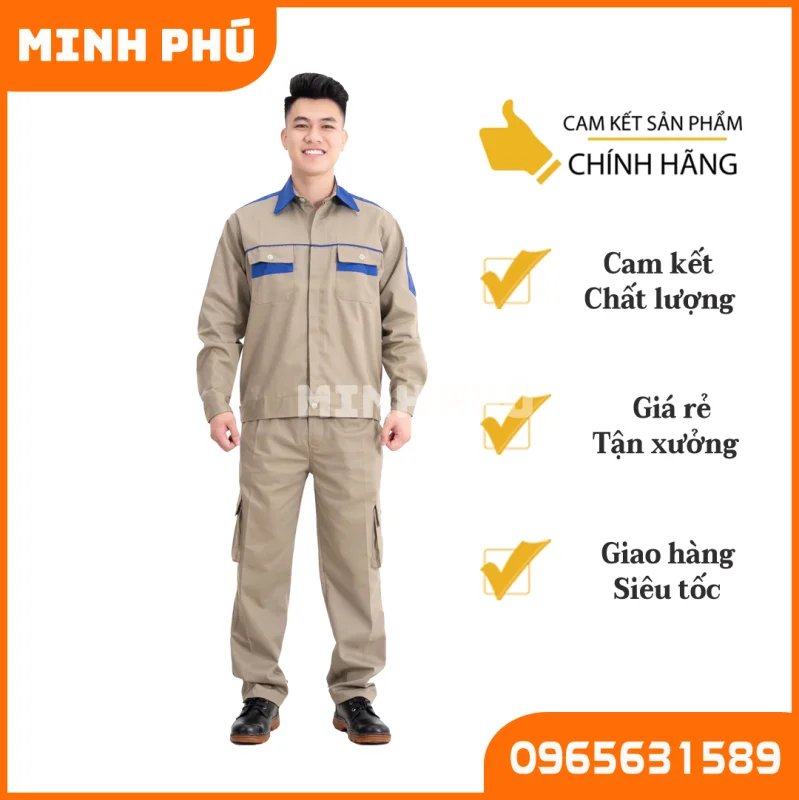 Quần áo bảo hộ lao động màu ghi kẻ xanh