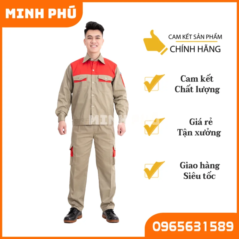 Quần áo bảo hộ lao động màu ghi kẻ đỏ, vải kaki