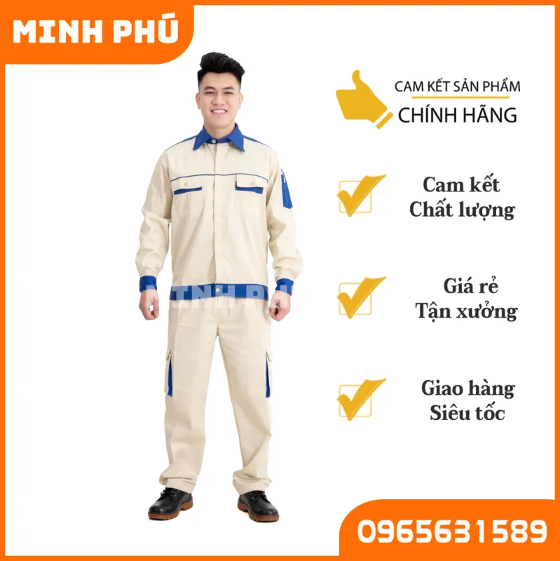Quần áo bảo hộ lao động  màu kem phối kẻ xanh